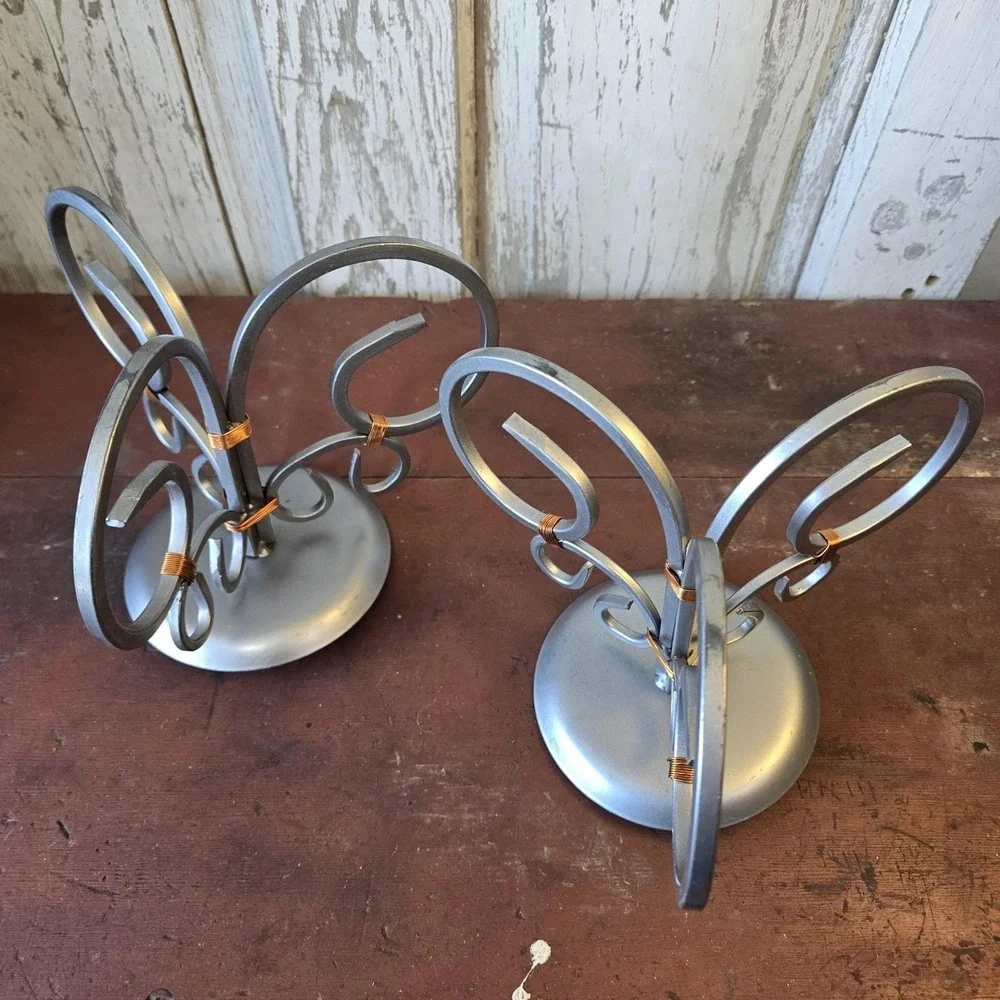 Vintage Pair Wrought‎ Iron Scrolled Candleholders Copper Wire Accents